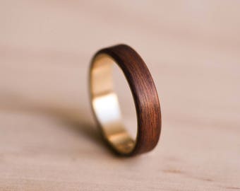 Solid Yellow Gold Liner and Santos Rosewood Bentwood Ring - Wooden Ring - Yellow Gold Ring
