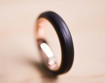 Domed Carbon Fiber Ring with a Rose Gold Liner - Black Carbon Fibre Ring - Carbon Fiber Wedding Band - Rose Gold Wedding Ring