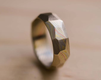 Faceted Mokume Gane Ring with a Brushed Finish - Copper, Brass and Silver Nickel Mokume Gane - Mokume Gane Wedding Band