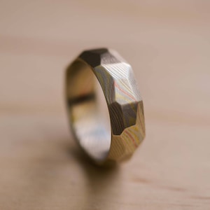 Faceted Mokume Gane Ring with a Brushed Finish, Copper, Brass and Silver Nickel Mokume Gane, Mokume Gane Wedding Band