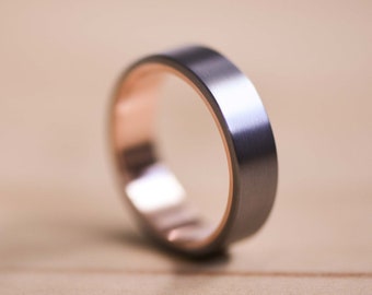 Brushed Tantalum Ring with a Rose Gold Liner - Dark Blue Grey Tantalum - Tantalum Wedding Band - Grey Wedding Ring - Rose Gold Ring