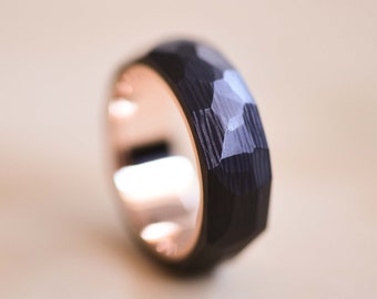 Faceted Carbon Fiber Ring with a Rose Gold Liner - Black Carbon Fibre Ring - Rose Gold Ring - Carbon Fiber Wedding Band