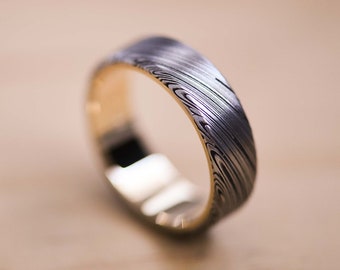 Chamfered Damasteel Damascus Heimskringla Pattern Ring With a Yellow Gold Liner - Damascus Steel Wedding Band - Damasteel Ring - Gold Ring