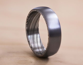 Domed Tantalum Ring with a Damascus Steel Liner - Heimskringla Damasteel with Dark Grey Blue Tantalum - Tantalum Wedding Ring