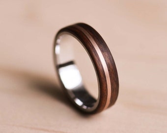 Solid Rose Gold Inlay and Marine Grade 316 Stainless Steel Liner in Santos Rosewood Bentwood Ring - Wooden Ring - Rose Gold Ring