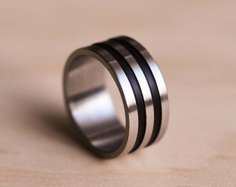 Brushed Marine Grade 316 Stainless Steel Ring with Black Double Groove - Stainless Steel Wedding Band