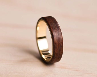 18 Carat Solid Yellow Gold Liner in a Santos Rosewood Bentwood Ring - Yellow Gold Ring - Wooden Ring