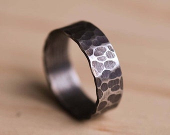 Oxidised & Hammered Marine Grade 316 Stainless Steel Ring with a Brushed Finish - Stainless Steel Wedding Band - Stainless Steel Ring
