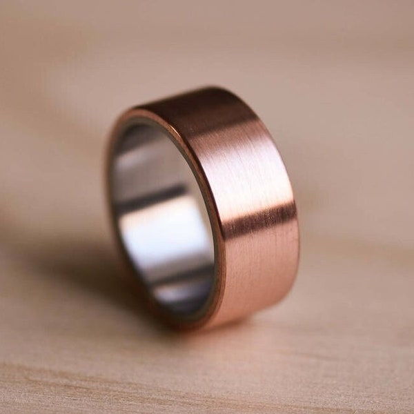 2-Tone Brushed Copper Ring with a Marine Grade 316 Stainless Steel Liner - Copper Wedding Band - Brushed Wedding Ring