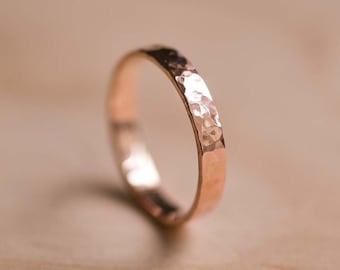 18 Carat Solid Rose Gold Hammered Ring - Rose Gold Wedding Band - Hammered Gold Ring - Polished Wedding Ring