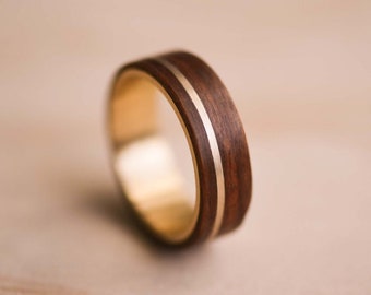 Solid Yellow Gold Inlay and Liner in Santos Rosewood Bentwood Ring - Gold Ring - Wooden Ring