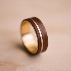 Solid Yellow Gold Inlay and Liner in Santos Rosewood Bentwood Ring - Gold Ring - Wooden Ring