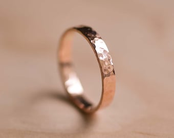 Solid Rose Gold Hammered Ring - Rose Gold Wedding Band - Hammered Wedding Ring - Polished Rose Gold Ring