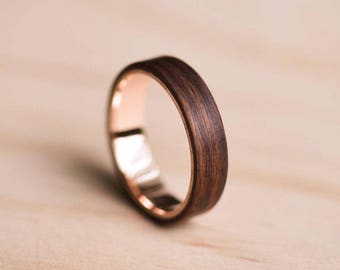Solid Rose Gold Liner and Santos Rosewood Bentwood Ring - Wooden Ring - Rose Gold Ring