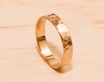 Solid Yellow Gold Hammered Ring - Gold Wedding Band - Polished Yellow Gold Ring