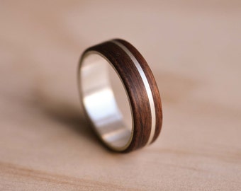 White Gold Inlay & Liner with Santos Rosewood Bentwood Ring - Wooden Ring