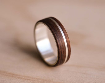 Argentium Silver Inlay & Liner with Santos Rosewood Bentwood Ring - Wooden Ring - Silver Ring