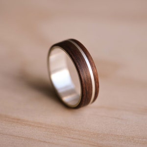 Argentium Silver Inlay & Liner with Santos Rosewood Bentwood Ring - Wooden Ring - Silver Ring