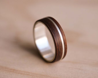 Sterling Silver Inlay & Marine Grade 316 Stainless Steel Liner with Santos Rosewood Bentwood Ring, Wooden Ring, Silver Ring