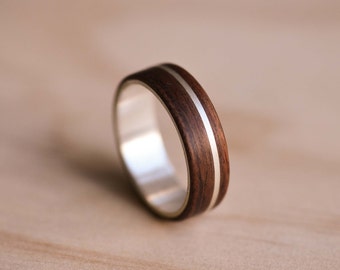 Sterling Silver Inlay & Liner with Santos Rosewood Bentwood Ring, Wooden Ring