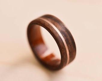 Santos Rosewood Ring: Bentwood Wedding Band with Rose Gold Inlay, Mens Ring, Mens Wedding Ring