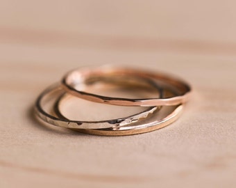 Tri-tone - Yellow Gold, Rose Gold & Silver Textured Stacking Rings x 3 - Gold Rings