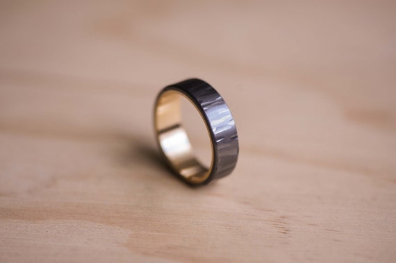 Hammered Tantalum Wedding Band: Dark Blue Grey Ring with Yellow Gold Liner, Mens Ring, Mens Wedding Ring