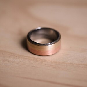 3-Tone Brushed Copper Bronze with a Damasteel Liner Damscus Steel Wedding Band Copper Ring Bronze Ring Damasteel Ring image 3