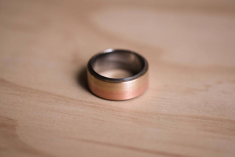 3-Tone Brushed Copper Bronze with a Damasteel Liner Damscus Steel Wedding Band Copper Ring Bronze Ring Damasteel Ring image 3