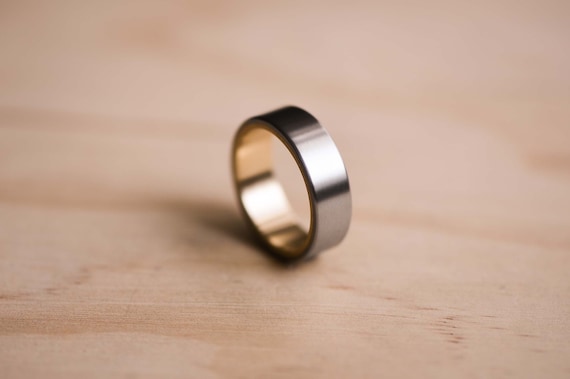 Brushed Titanium Ring: Handmade Aerospace Grade, 9k Gold Liner, Mens Ring, Mens Wedding Ring