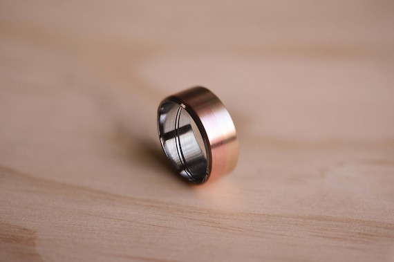 Handmade Brushed Copper Bronze Ring: Damasteel Liner Wedding Band, Mens Ring, Mens Wedding Ring