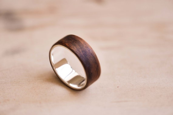 Santos Rosewood Bentwood Ring with Sterling Silver Liner, Mens Ring, Mens Wedding Ring
