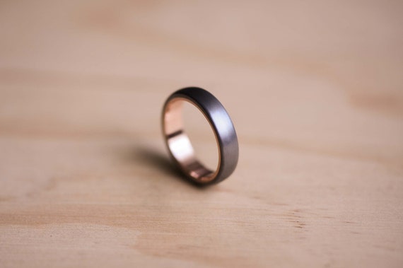 Brushed Tantalum Ring: Domed Band with Rose Gold Liner, Mens Ring, Mens Wedding Ring