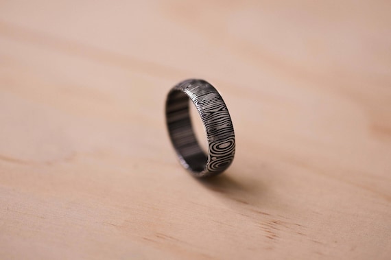Handcrafted Domed Damasteel Ring: Blue Tongue Damascus Wedding Band, Mens Ring, Mens Wedding Ring