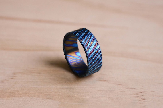 Handcrafted Timascus Ring: Volcanic Rock Texture, Anodized Titanium Wedding Band, Mens Ring, Mens Wedding Ring