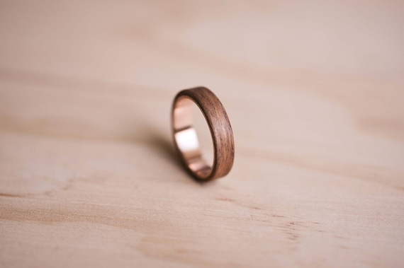 Handcrafted Spotted Gum Bentwood Ring with 9K Rose Gold Liner, Mens Ring, Mens Wedding Ring