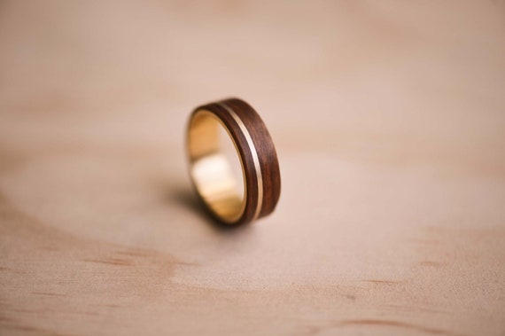 Santos Rosewood Bentwood Ring: 9K Gold Inlay, Handmade Wedding Band, Mens Ring, Mens Wedding Ring