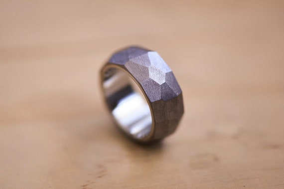 Faceted Tantalum Ring: Dark Grey Wedding Band with Stainless Steel Liner