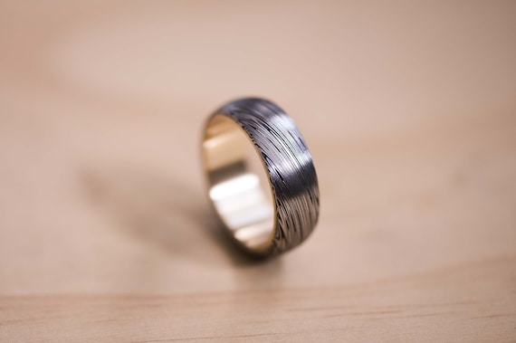 Handcrafted Damasteel Damascus Ring: Heimskringla Pattern, 9K Gold Liner, Mens Ring, Mens Wedding Ring