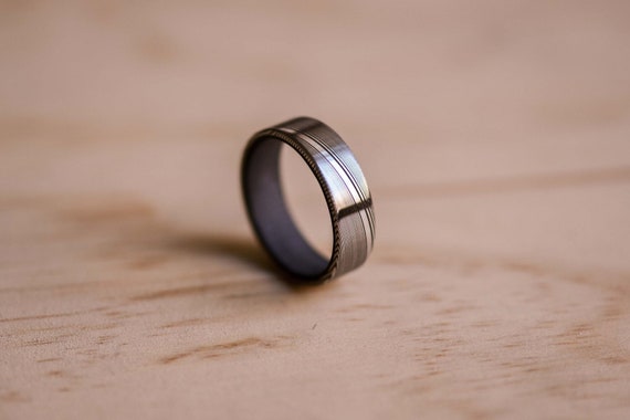 Handcrafted Damasteel Damascus Ring with Carbon Fiber Twist, Mens Ring, Mens Wedding Ring