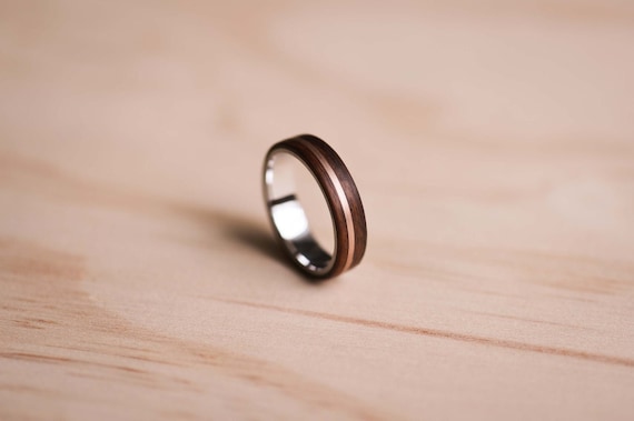 Santos Rosewood Bentwood Ring: Rose Gold Inlay, Stainless Steel Liner, Mens Ring, Mens Wedding Ring