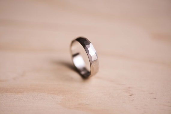 Handcrafted 9 Carat White Gold Faceted Wedding Band, Mens Ring, Mens Wedding Ring