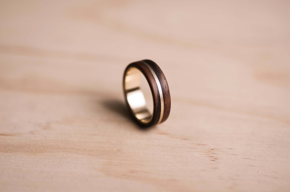 Handcrafted Macassar Ebony Bentwood Ring with Solid Gold Inlay, Mens Ring, Mens Wedding Ring