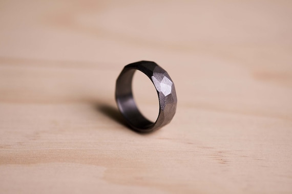 Faceted Tantalum Wedding Band: Handcrafted Dark Grey Ring, Mens Ring, Mens Wedding Ring