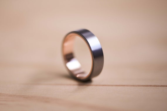Brushed Tantalum Ring: 9ct Rose Gold Liner, Hypoallergenic Wedding Band, Mens Ring, Mens Wedding Ring