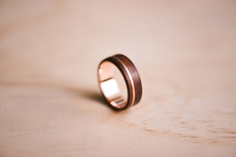Solid Rose Gold Inlay and Liner in Santos Rosewood Bentwood Ring Wooden Ring Rose Gold Ring image 2