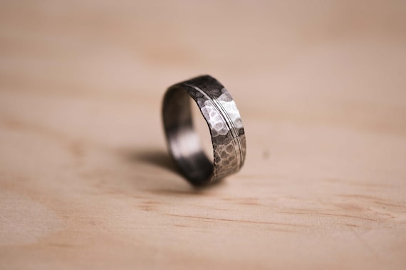 Handcrafted Damasteel Damascus Ring: Rock Hammered Texture Wedding Band