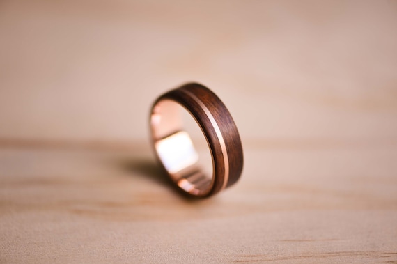 Santos Rosewood Bentwood Ring: Solid Rose Gold Inlay & Liner, Mens Ring, Mens Wedding Ring