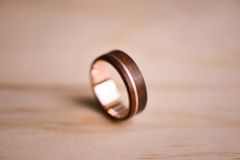 Solid Rose Gold Inlay and Liner in Santos Rosewood Bentwood Ring Wooden Ring Rose Gold Ring image 1