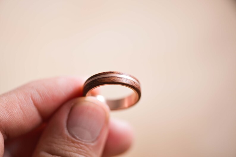 Solid Rose Gold Inlay and Liner in Santos Rosewood Bentwood Ring Wooden Ring Rose Gold Ring image 5